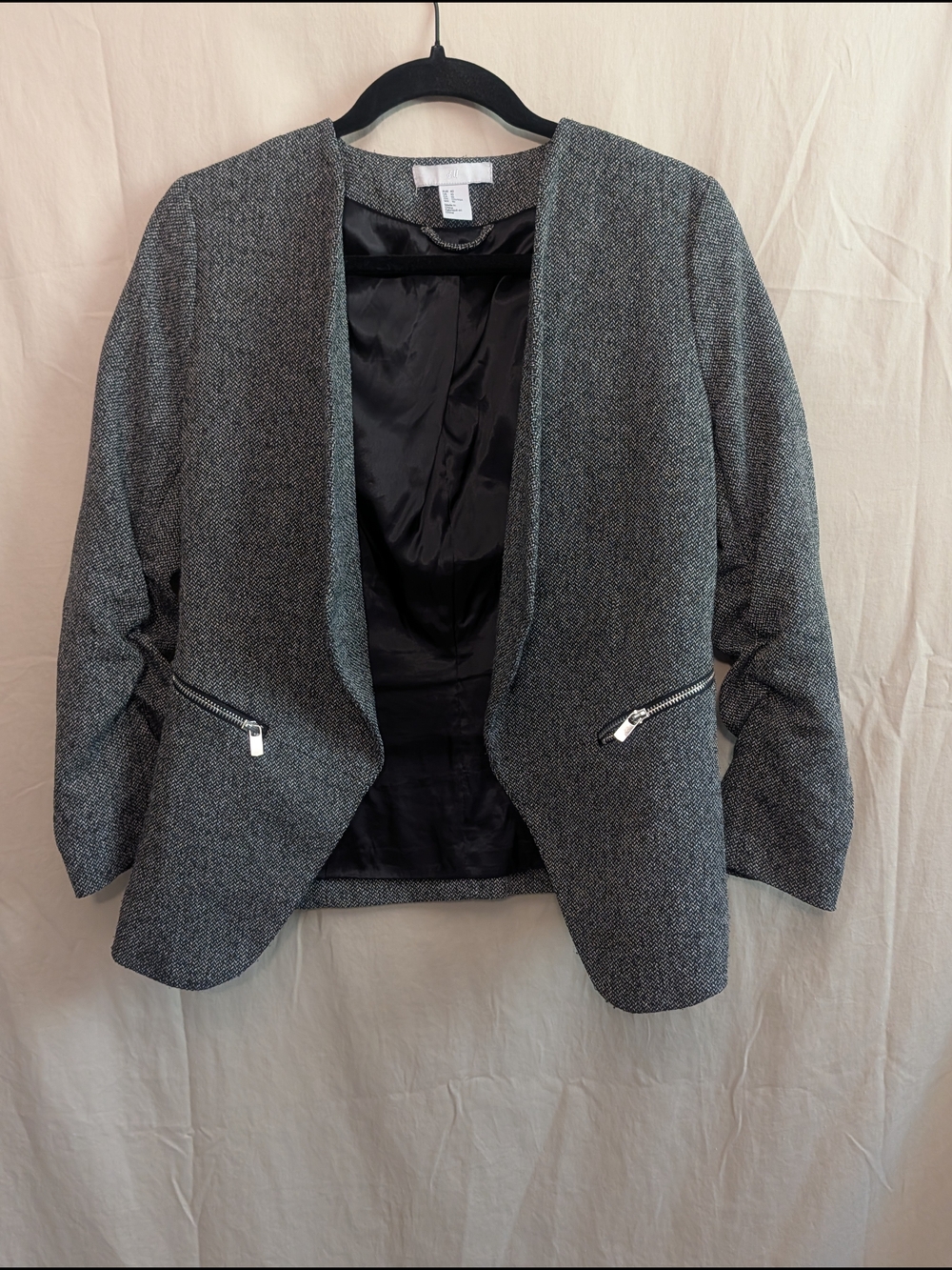 H&M Black and White Textured Open-Front Blazer